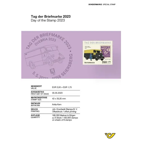 Austrian Post special stamp 'Day of the Stamp 2023', €3.50+€1.75, featuring a vintage Post vehicle.