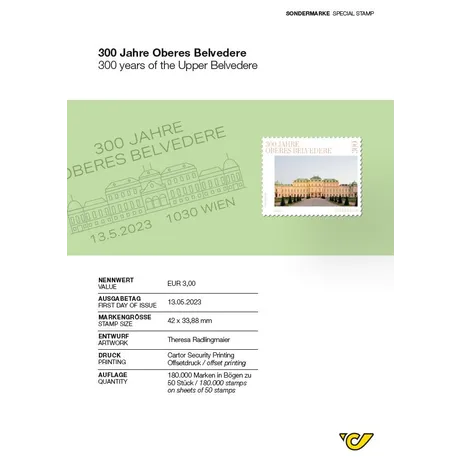 4e3a15c41c788b20fb5c100abed28270870b65c9.jpg Briefmarke Österreich 2023, Nominale 3,00 €: 300 Jahre Oberes Belvedere, zeigt das Schloss in Wien.