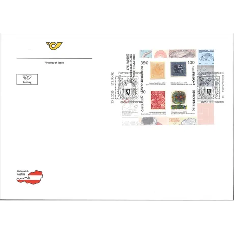 w Ersttagsbrief der Österreichischen Post, 175 Jahre österreichische Briefmarken, mit historischen Designs, Ausgabe 23.5.2025.
