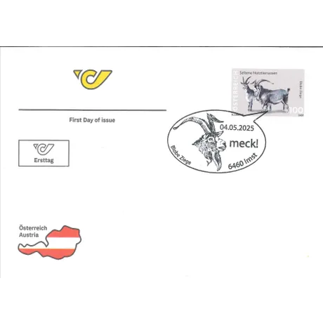 FDC_Blobe Ziege_0525 Ersttagsbrief mit Briefmarke Österreich 2025, Nominale 1,00 Euro: Seltene Nutztierrassen - Blobe Ziege.