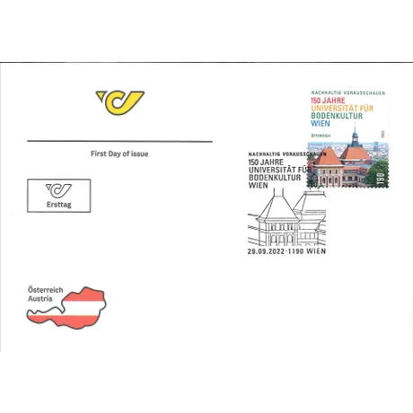 Austrian Post first day cover with stamp 'Austria 2022, €1.90: 150 Years University of Natural Resources and Life Sciences, Vienna'.