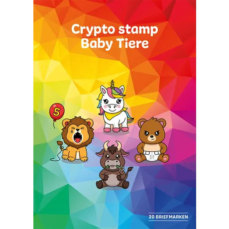 0124605_ME20_CryptoBabies_Cover Austrian Post Crypto Stamp Baby Animals: colorful design with lion, unicorn, bear, and cow. Includes 20 stamps.