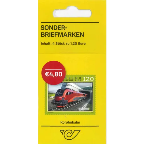 Viererblock mit Briefmarken zur Koralmbahn. ÖBB-Railjet im Koralmtunnel. Nominale 1,20, Österreich, Jahr 2025.