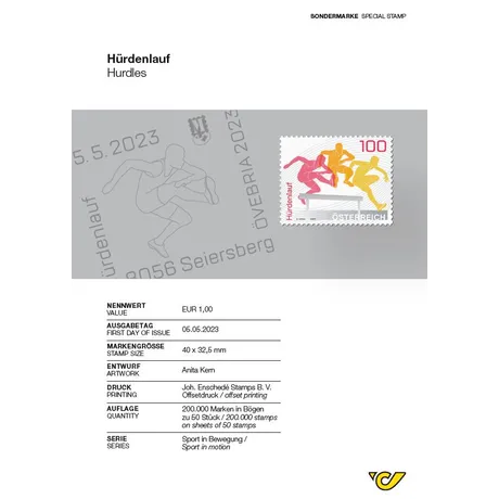Briefmarke Österreich 2023, Nominale 1,00 €: Hürdenlauf, bunte Athleten beim Hürdenlauf, Serie 'Sport in Bewegung'.