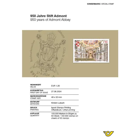 ABH_Admont_0624 Austrian Post stamp 2024, €1.90: '950 years of Admont Abbey' featuring the abbey's ornate library interior.