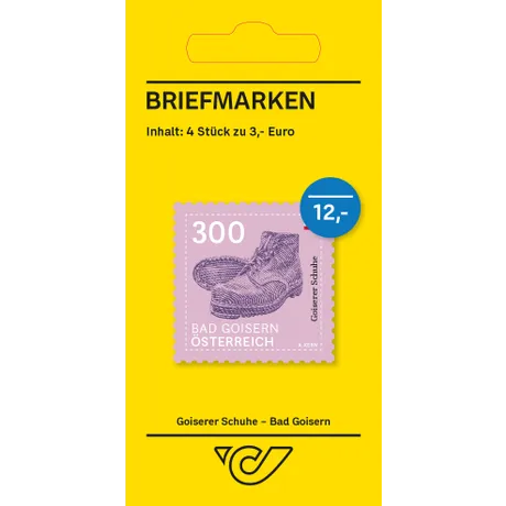 Briefmarkenset der Österreichischen Post: 4 Briefmarken zu je 3 €, Goiserer Schuhe aus Bad Goisern, Ausgabe 2023.