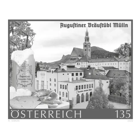 985b3e1b4d181d7ca961a5d1bbb0c06f9b1d041b.jpg Austrian stamp 2022, nominal value 1.35 euros: Augustiner Bräustübl Mülln in Salzburg with beer and pretzel.