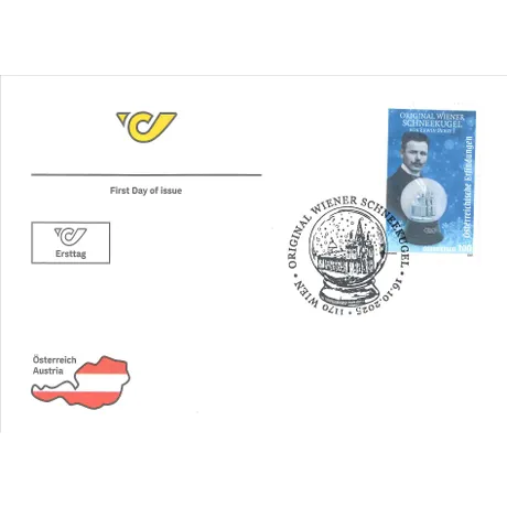 Ersttagsbrief zur Sondermarke „Original Wiener Schneekugel“ mit Porträt von Erwin Perzy I. Enthält Sonderstempel mit Schneekugel-Motiv und Datum „11.10.2023“, sowie das Logo der Österreichischen Post und eine Österreich-Karte in Rot-Weiß.