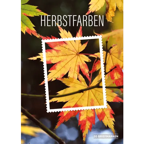 Briefmarkenblock der Österreichischen Post &#039;Herbstfarben&#039; mit gelb-roten Ahornblättern. Enthält 20 Briefmarken.