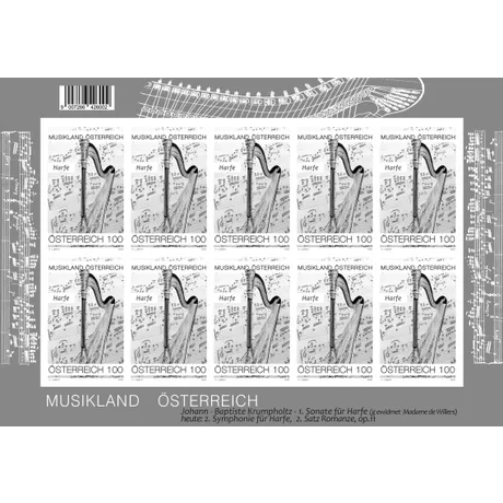 Schwarzdruck mit Kleinbogen zu zehn Marken Harfe aus Musikland Österreich. Nominale 100, Österreich, Jahr 2025.