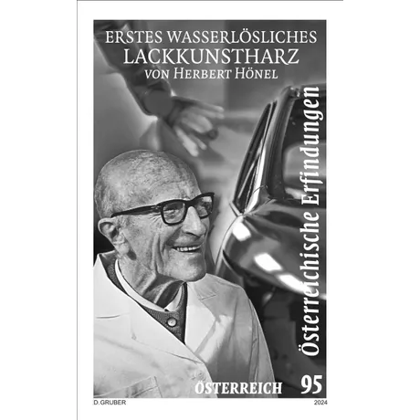 Austrian stamp 2024, nominal value 0.95 Euro: Herbert Hönel and his invention of water-soluble lacquer resin.