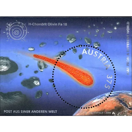 73079528357f68ed196f096df55d036595856fc2.jpg Briefmarke Österreich 2006, Nominale 3,75 Euro: Meteorit H-Chondrit Olivin Fa 18, Thema 'Post aus einer anderen Welt'.
