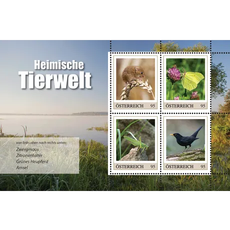 Briefmarkenblock Österreich 2023, Serie 'Heimische Tierwelt', Nominale 0,95 €: Zwergmaus, Zitronenfalter, Grünes Heupferd, Amsel.