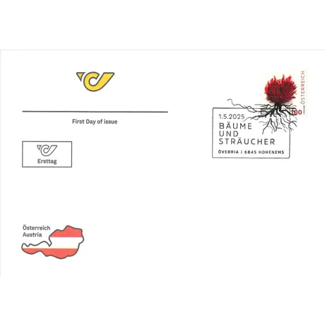 Common barberry – Berberis vulgaris Austrian Post first day cover with 2025 stamp 'Austria 1.00 Euro: Trees and Shrubs' and Hohenems postmark.