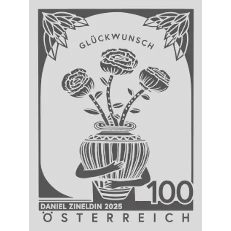 Briefmarke Österreich 2025, Nominale 1,00 Euro: Vase mit Rosen, Text 'Glückwunsch', Design von Daniel Zinedin.
