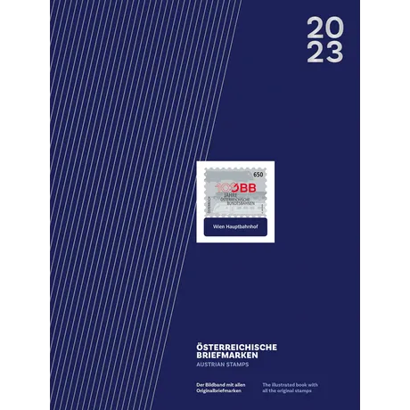 fc79962d612c3e110cc3fc8545a9808f8ce3210d.png Cover des Briefmarkenalbums 2023 der Österreichischen Post mit einer Briefmarke '100 Jahre Österreichische Bundesbahnen'.