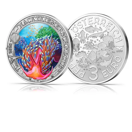 Austrian 3 Euro coin 2023 featuring a colorful nudibranch and marine life design, front and back view.