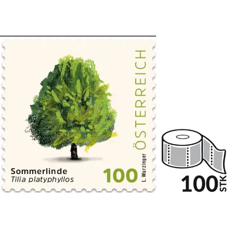 Sommerlinde – Tilia platyphyllos Briefmarke Österreich 2023, Nominale 1,00 Euro: Illustration einer Sommerlinde, Rolle mit 100 Stück.