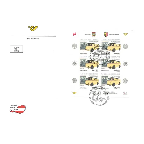 FDC-KB_TdB 2024_0824 Austrian Post first day cover with 2024 stamp sheet 'Day of the Stamp', featuring a historic yellow Postbus.