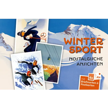 d396756a6497cea4e0e534de28e114d106d31d43.png Austrian Post set 'Winter Sport: Nostalgic Views' with 4 stamps and postcards featuring vintage winter sports art.