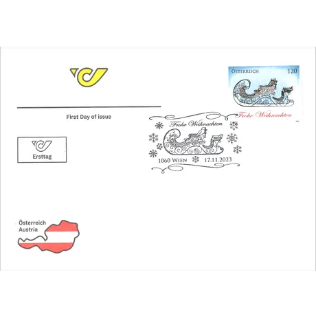 First Day Cover by Austrian Post with 2023 Christmas stamp (€1.20) featuring a decorative sleigh and snowflakes.