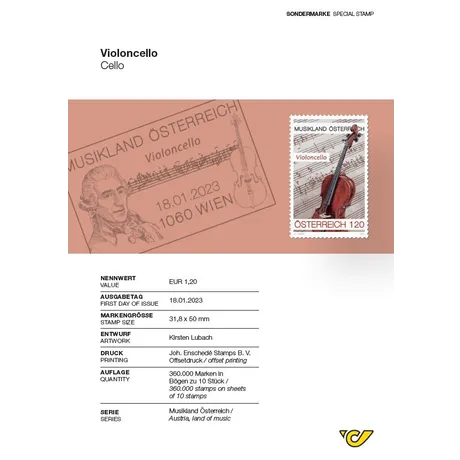 920c5e7b21d23fc6d647990c2c9d1d2c8b7f0299.jpg Austrian Post stamp 2023, €1.20: 'Violoncello' from the 'Austria, land of music' series, featuring a cello and sheet music.