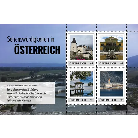 124665_05_ME4_Sehenswuerdigk_MB02 Briefmarken Österreich 2023, Nominale 0,95 €: Burg Mauterndorf, Kaiservilla Bad Ischl, Fischersteg Bregenz, Stift Ossiach.