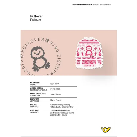 bfa2714aa8dc57f5eaf5d1d8c9e8b38a351206f5.jpg Austrian Post special stamp block 2023, €4.50, 'Pullover' design with penguin motif, issued on 21.10.2023.